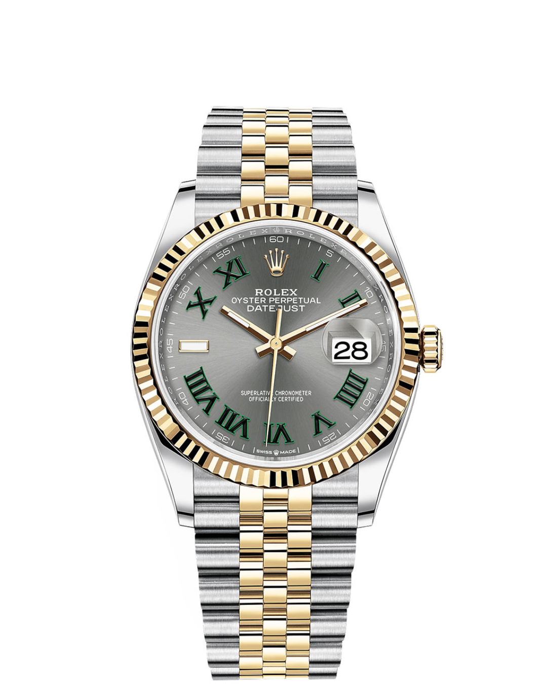 DateJust 36mm Wimbledon Fluted Bezel Grey Dial Green Roma Marker Jubilee Bracelet