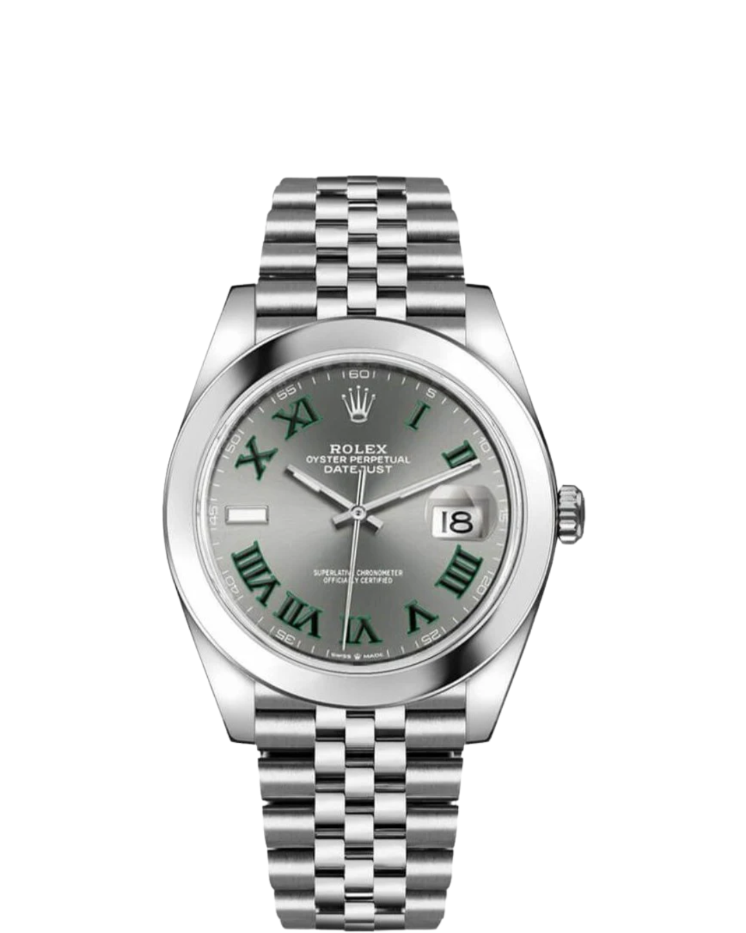 DateJust 41mm Wimbledon Smooth Bezel Grey Dial Green Roma Marker Jubilee Bracelet